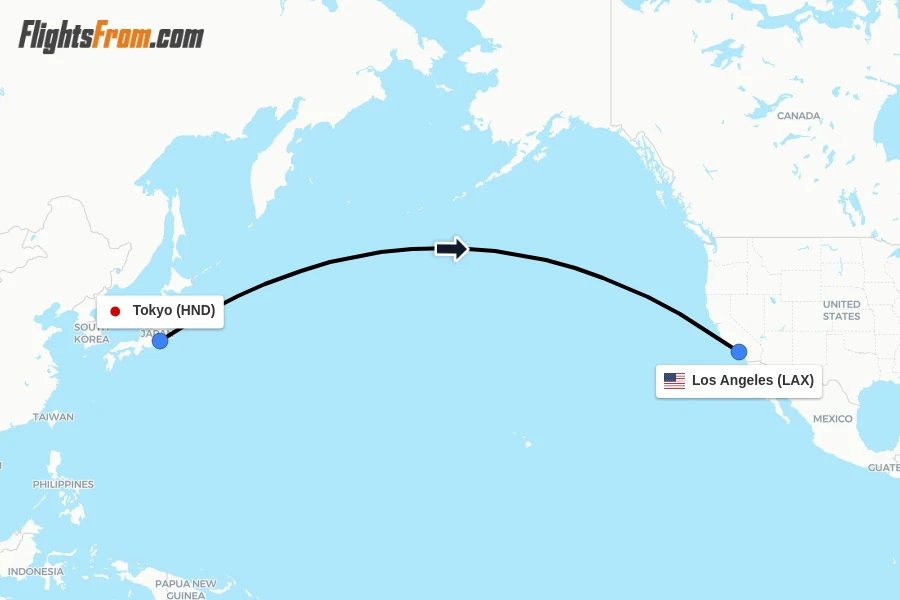 Flights from Tokyo to Los Angeles route map