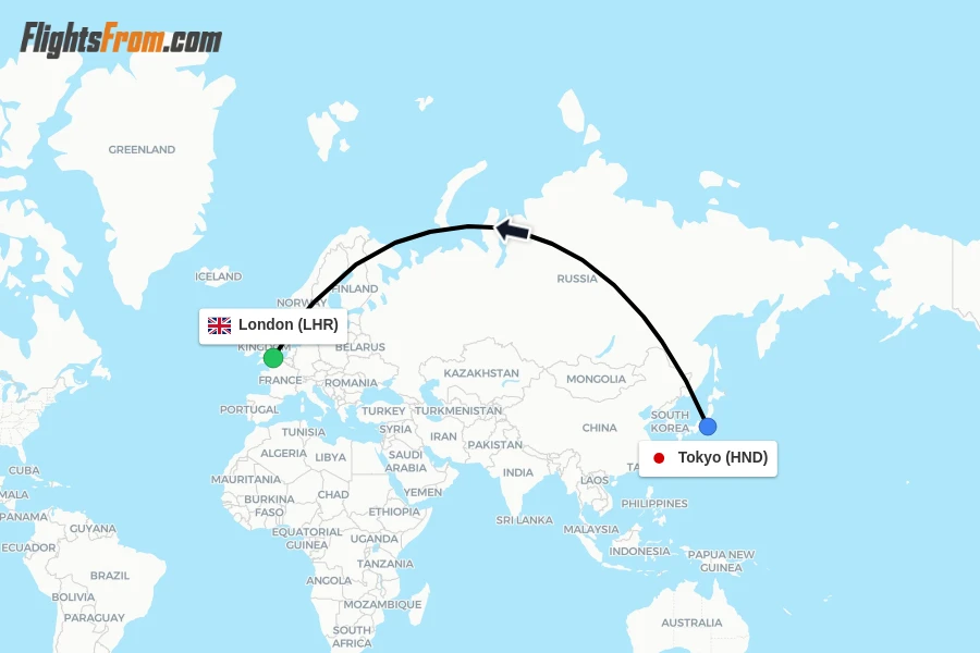 Flights from Tokyo to London route map