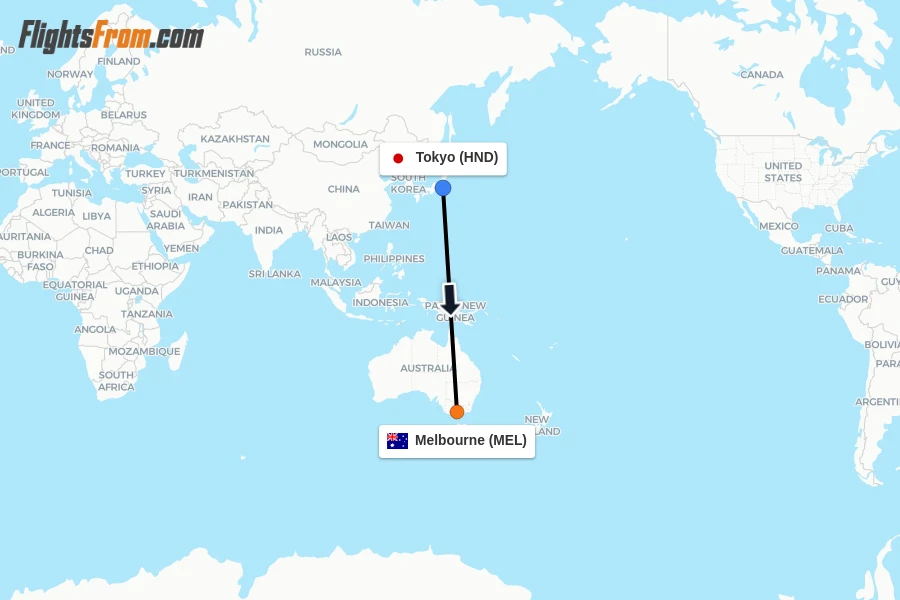 Flights from Tokyo to Melbourne route map
