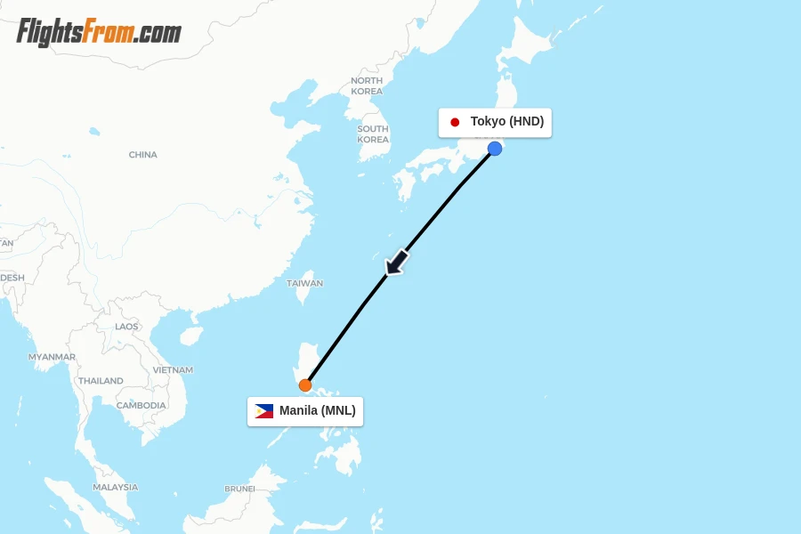 Flights from Tokyo to Manila route map