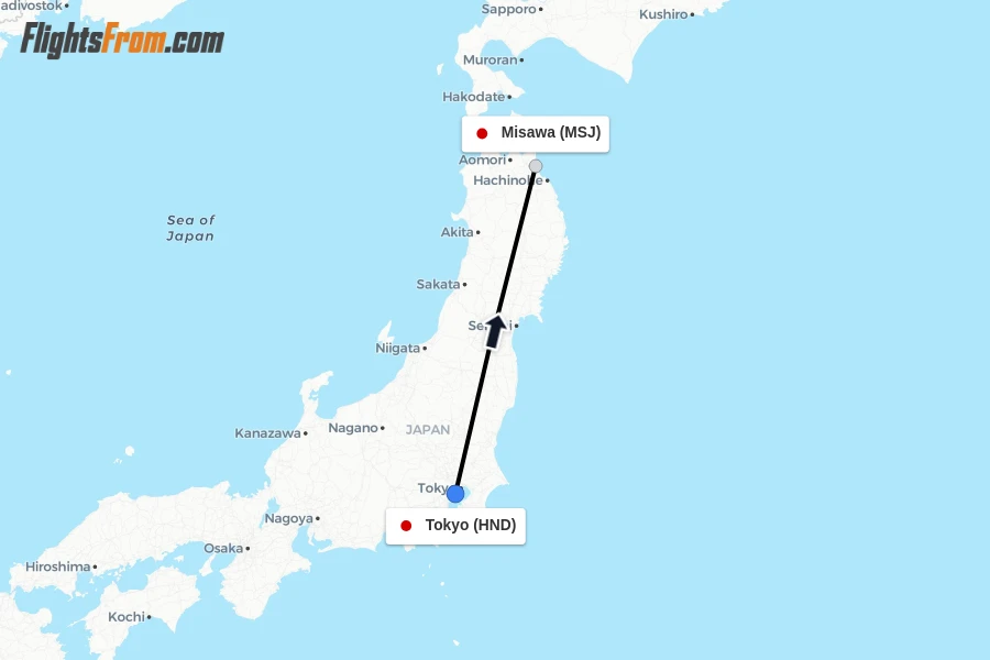 Flights from Tokyo to Misawa route map
