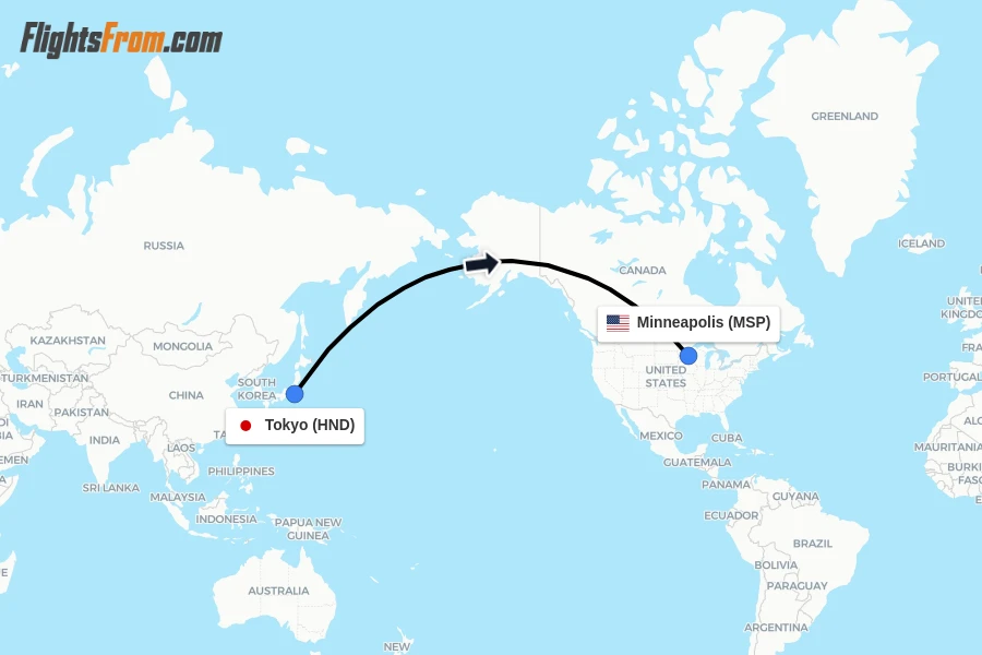 Flights from Tokyo to Minneapolis route map