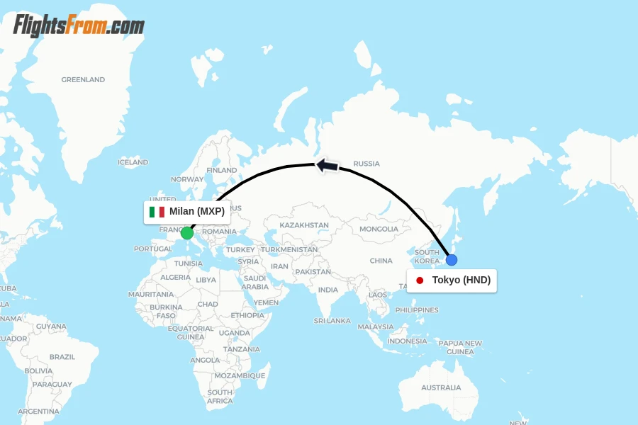 Flights from Tokyo to Milan route map
