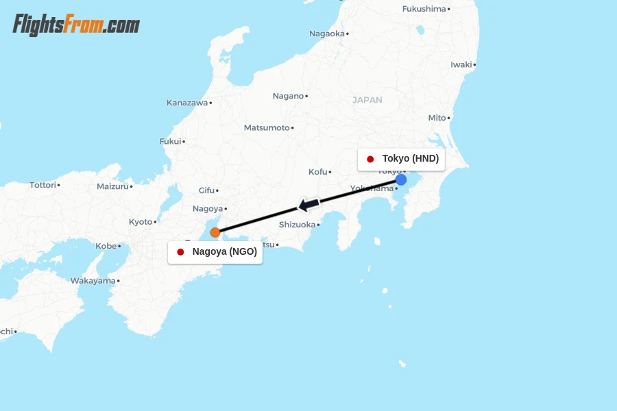 Flights from Tokyo to Nagoya route map