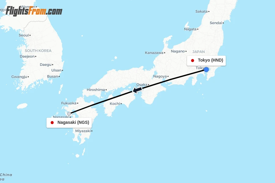Flights from Tokyo to Nagasaki route map