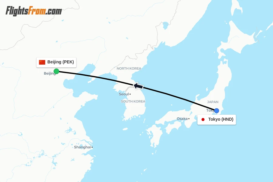 Flights from Tokyo to Beijing route map
