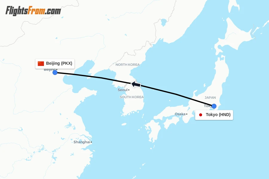 Flights from Tokyo to Beijing route map