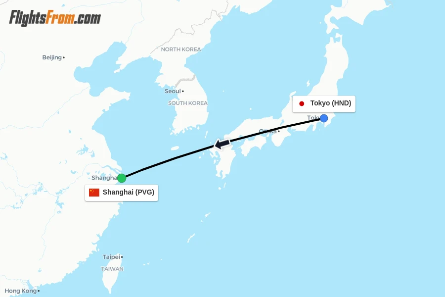 Flights from Tokyo to Shanghai route map