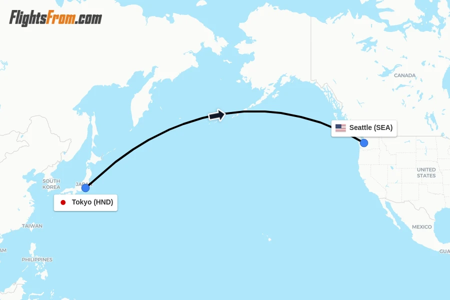 Flights from Tokyo to Seattle route map