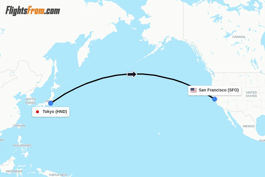 Flights from Tokyo to San Francisco route map