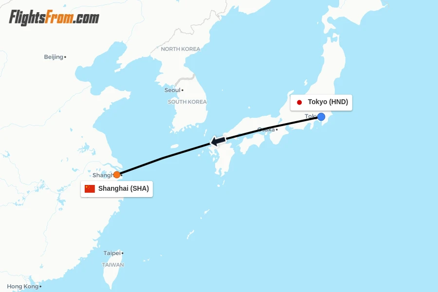 Flights from Tokyo to Shanghai route map
