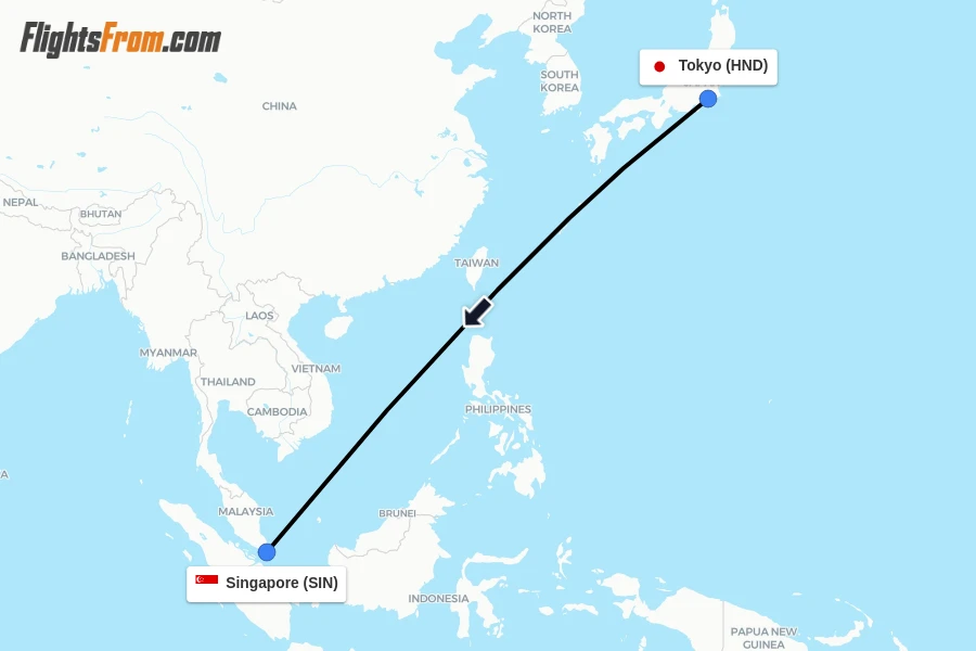 Flights from Tokyo to Singapore route map