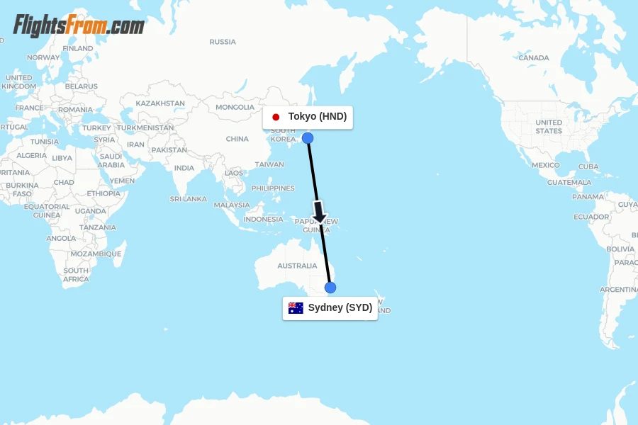 Flights from Tokyo to Sydney route map