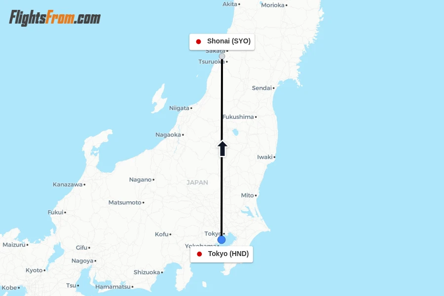 Flights from Tokyo to Shonai route map