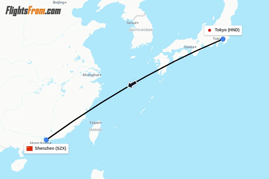 Flights from Tokyo to Shenzhen route map