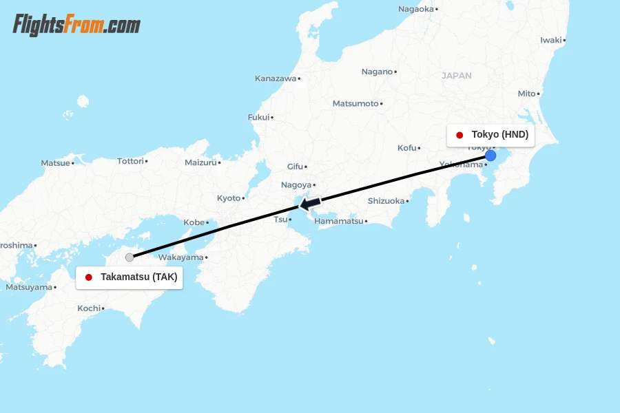 Flights from Tokyo to Takamatsu route map