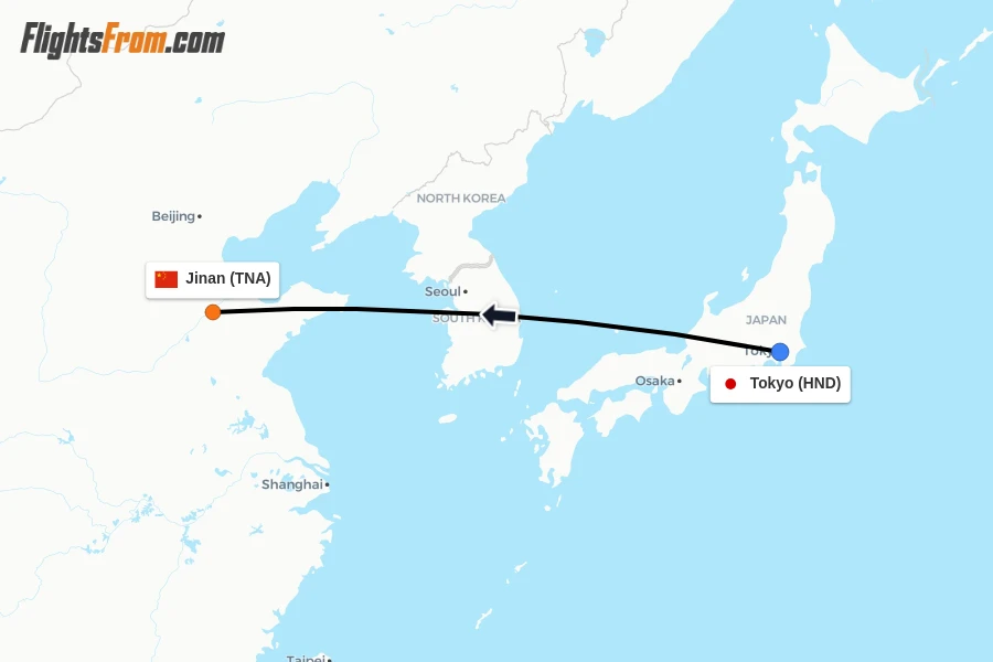 Flights from Tokyo to Jinan route map