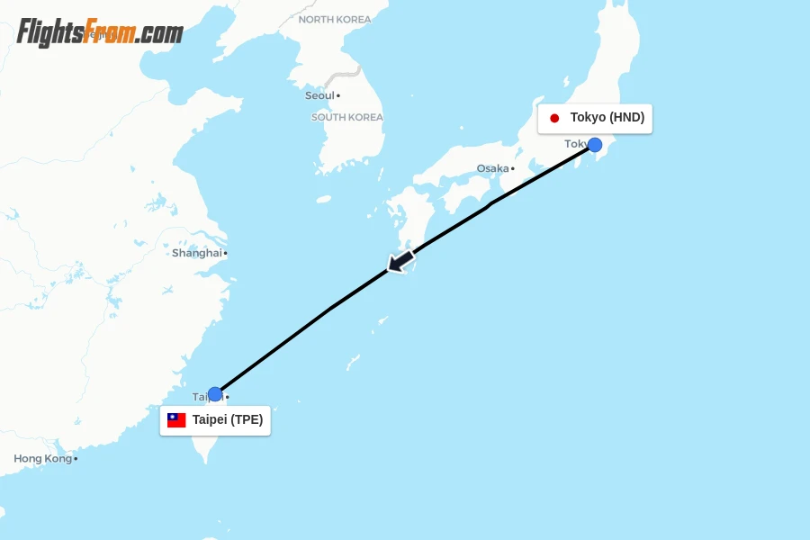 Flights from Tokyo to Taipei route map