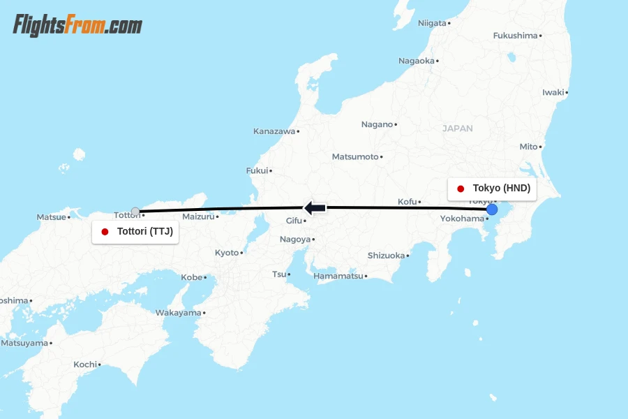 Flights from Tokyo to Tottori route map