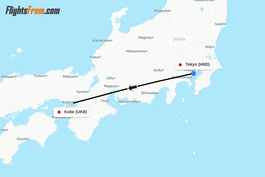 Flights from Tokyo to Kobe route map