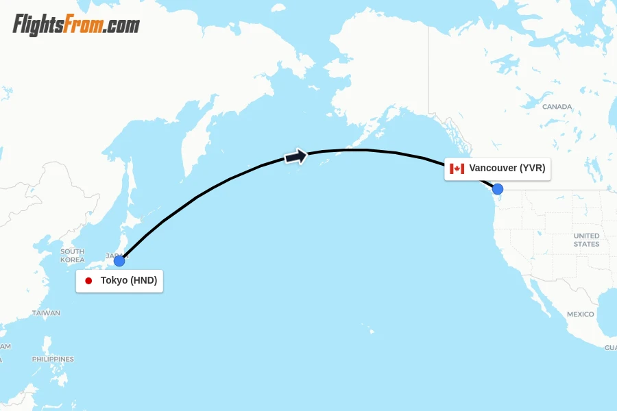 Flights from Tokyo to Vancouver route map