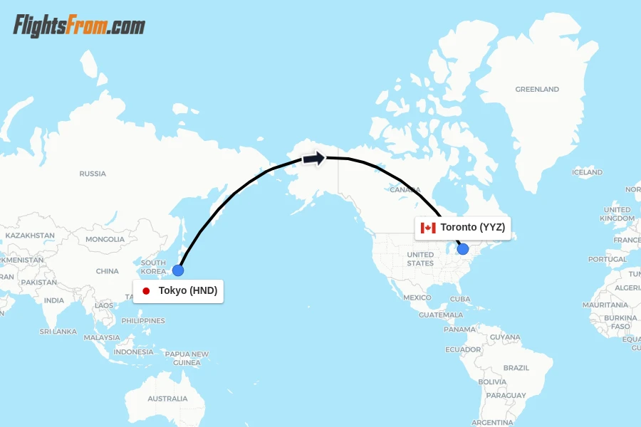 Flights from Tokyo to Toronto route map