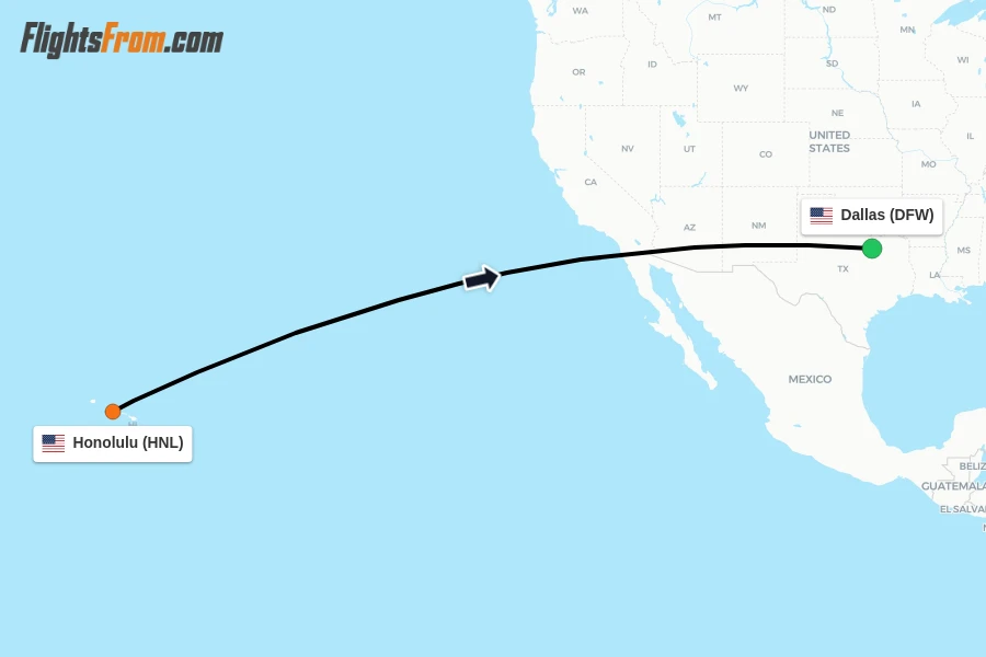 Flights from Honolulu to Dallas route map