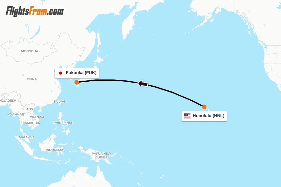 Flights from Honolulu to Fukuoka route map