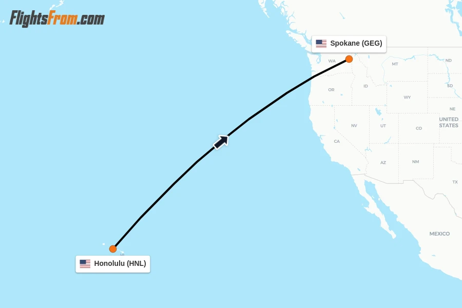 Flights from Honolulu to Spokane route map