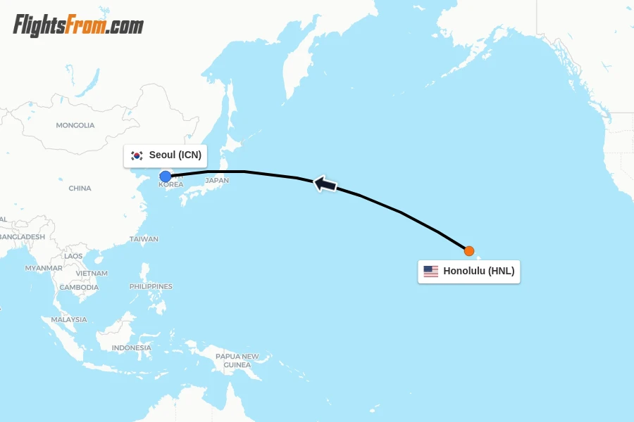 Flights from Honolulu to Seoul route map