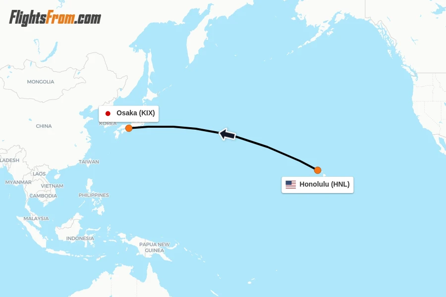 Flights from Honolulu to Osaka route map