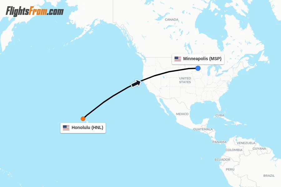 Flights from Honolulu to Minneapolis route map