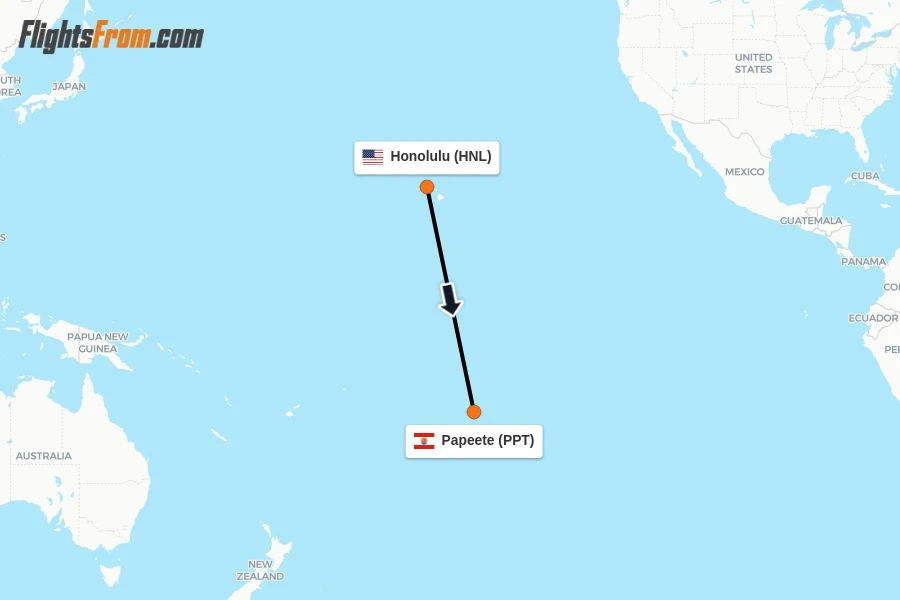 Flights from Honolulu to Papeete route map