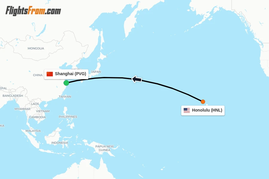 Flights from Honolulu to Shanghai route map