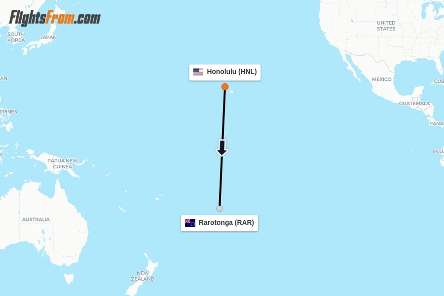 Flights from Honolulu to Rarotonga route map