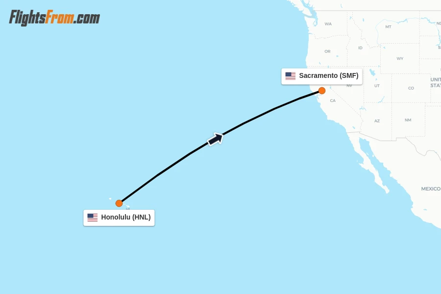 Flights from Honolulu to Sacramento route map