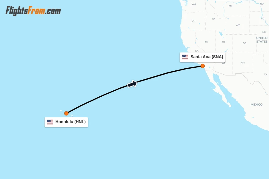 Flights from Honolulu to Santa Ana route map