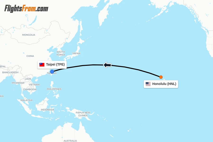Flights from Honolulu to Taipei route map