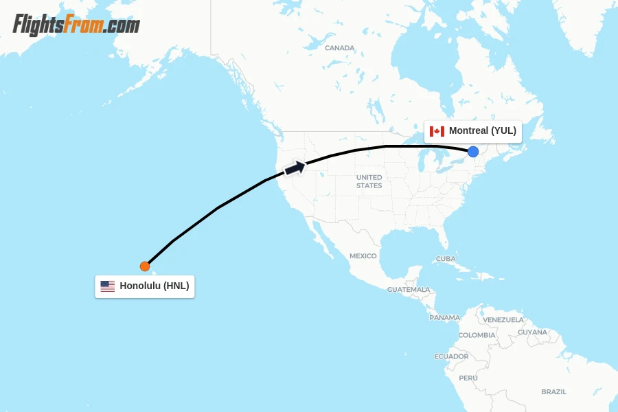 Flights from Honolulu to Montreal route map