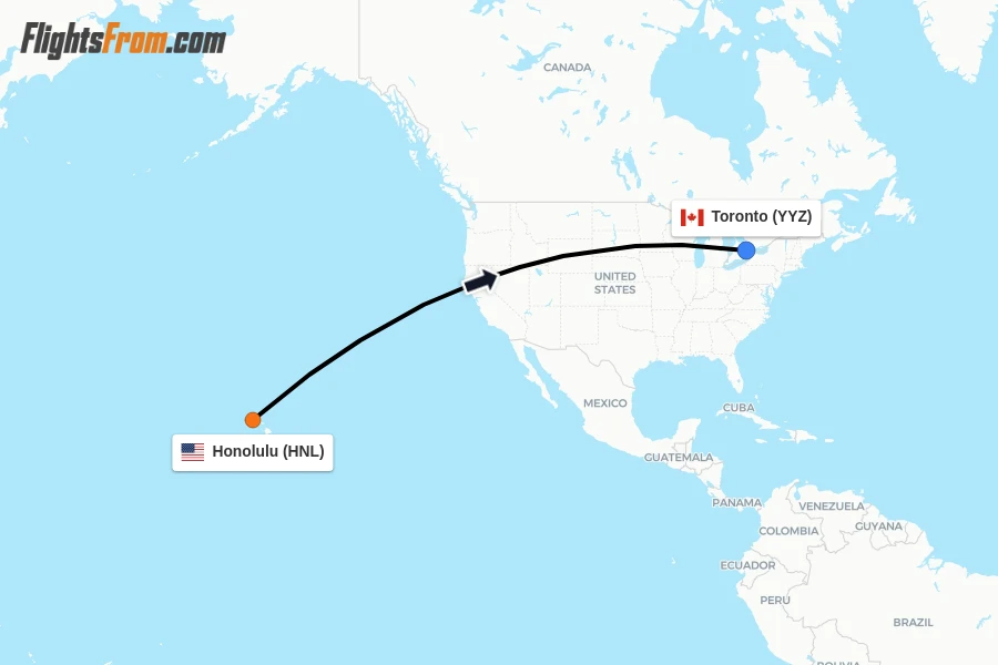 Flights from Honolulu to Toronto route map