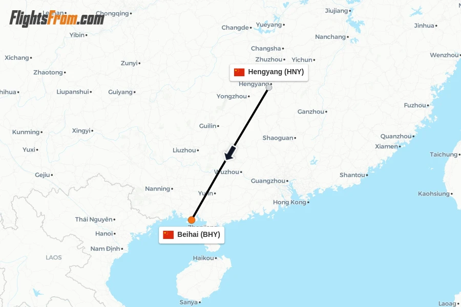 Flights from Hengyang to Beihai route map