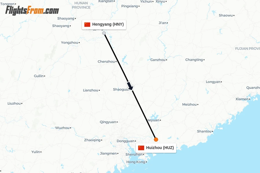 Flights from Hengyang to Huizhou route map