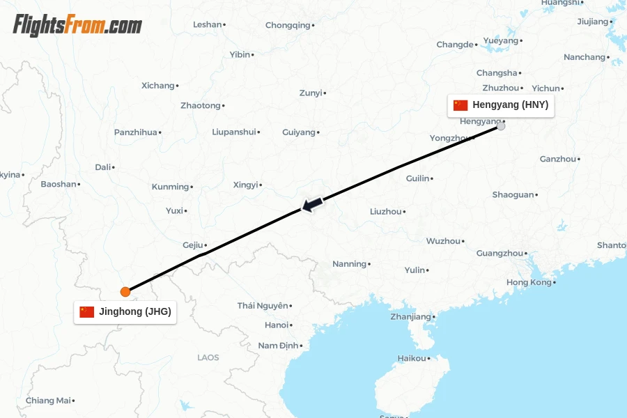 Flights from Hengyang to Jinghong route map