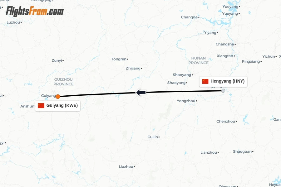 Flights from Hengyang to Guiyang route map