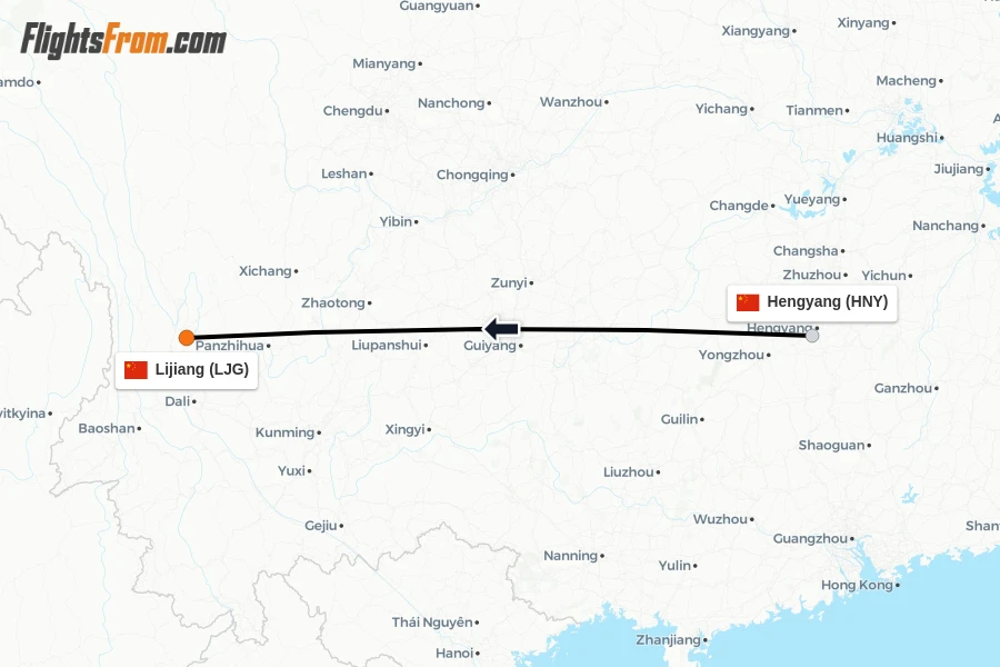 Flights from Hengyang to Lijiang route map
