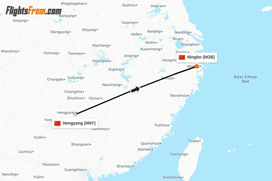 Flights from Hengyang to Ningbo route map