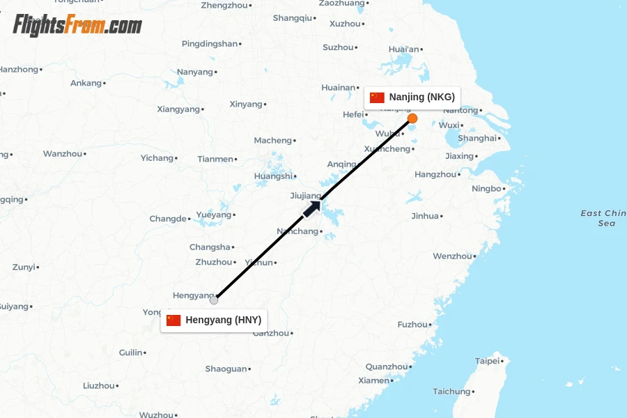 Flights from Hengyang to Nanjing route map