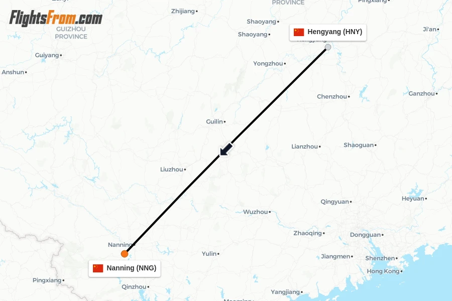 Flights from Hengyang to Nanning route map