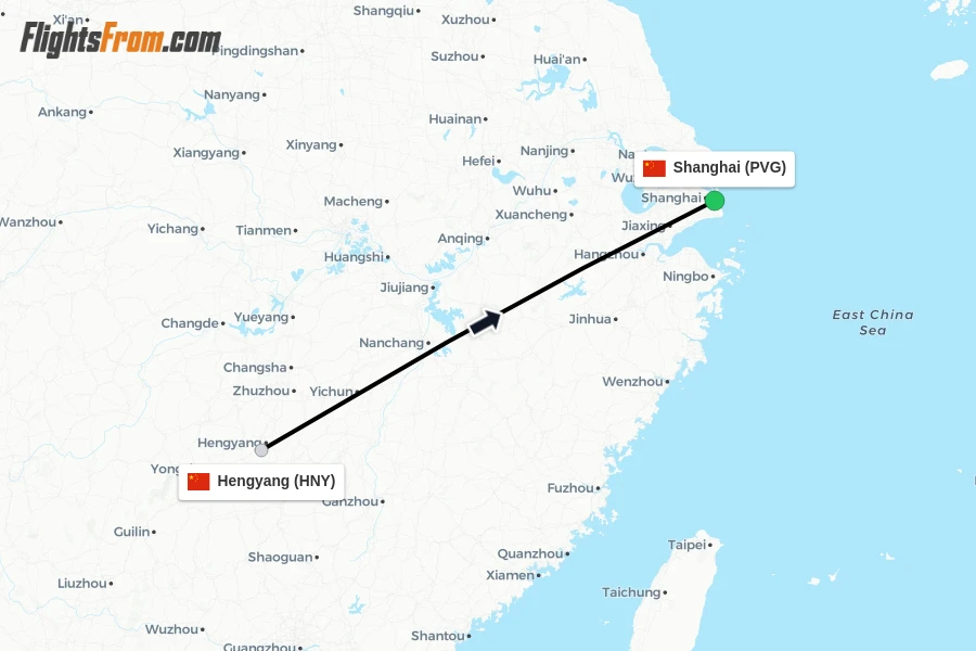 Flights from Hengyang to Shanghai route map