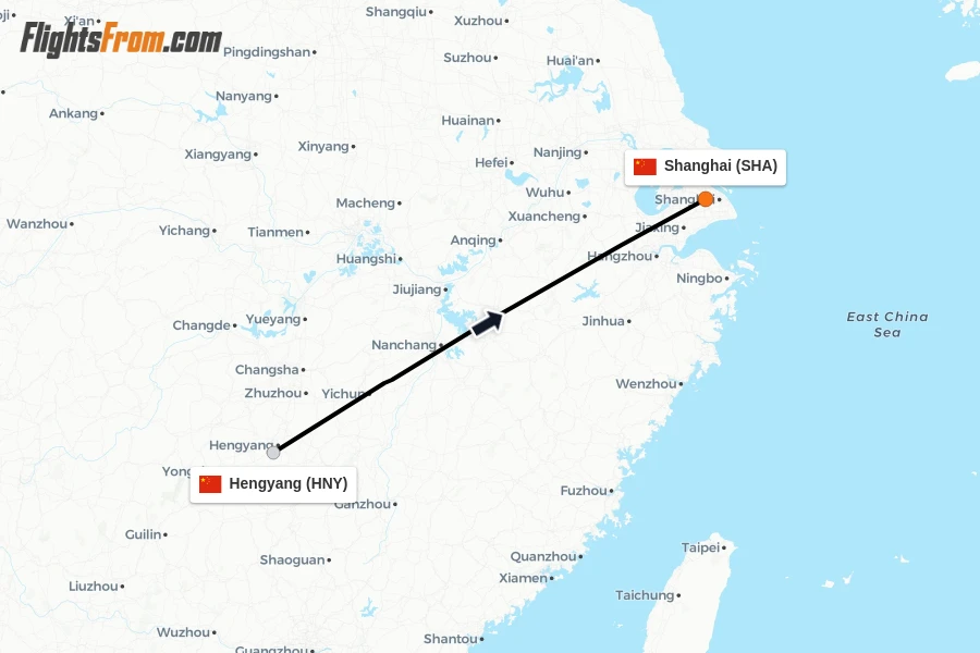 Flights from Hengyang to Shanghai route map
